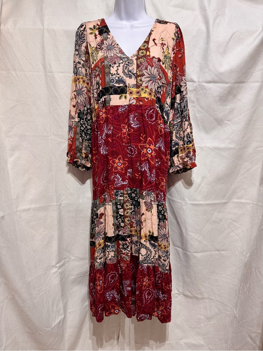 Burgandy Gigio by Umgee Mixed Print Tiered V-Neck Maxi Dress Patchwork Bohemian